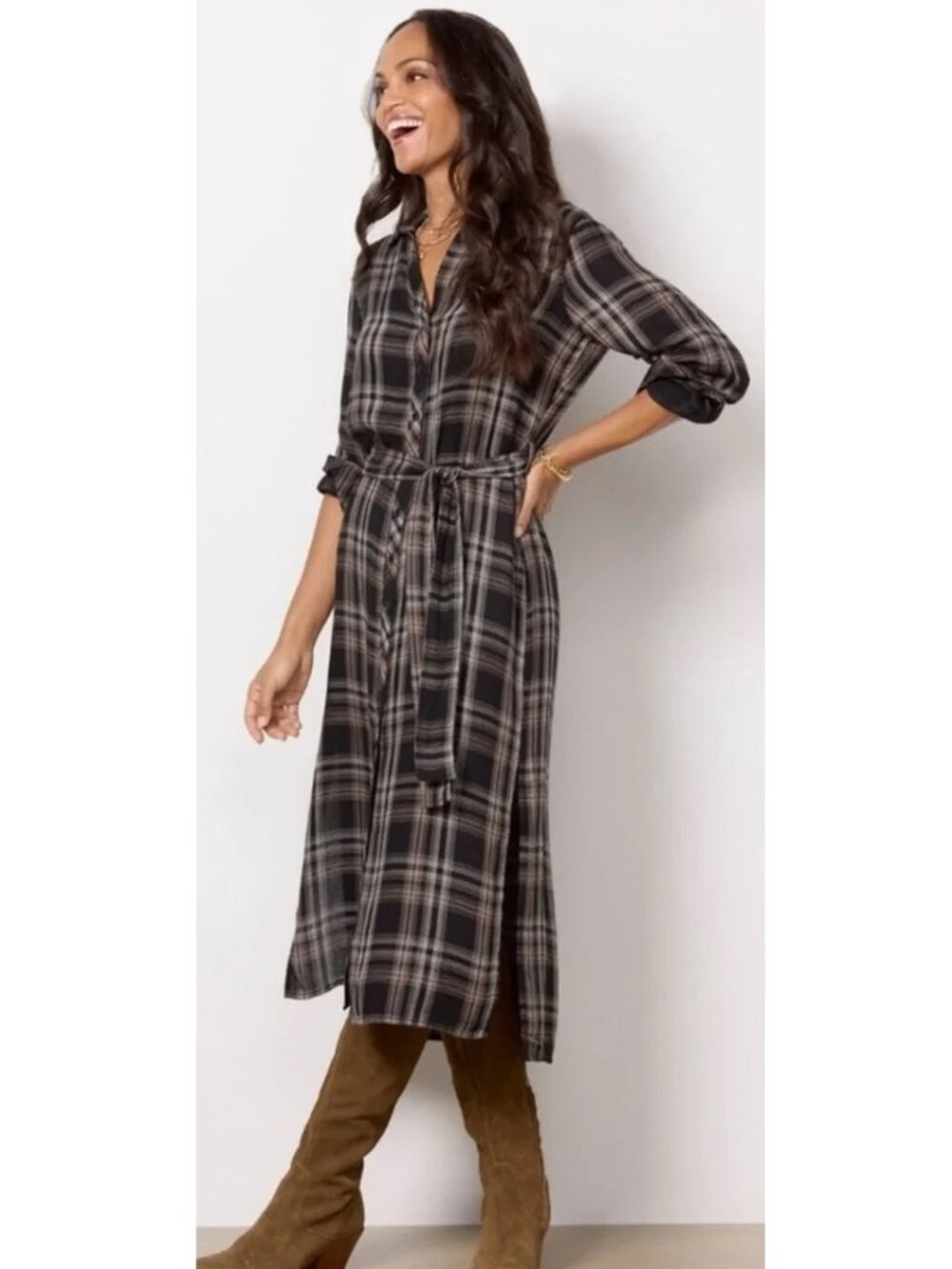 Cloth & Stone Plaid Midi Shirt Dress Duster Belted Button Front Cozy Fall Size L